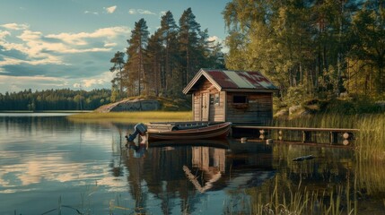 Poster - A small cabin is on a dock by a lake