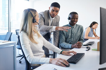 Aufkleber - Call center, training and business people with discussion by computer for telecom, review or advice. Office, headset and mentor with help to trainee in customer service, telemarketing or CRM solution