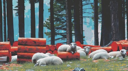 Sticker -   A flock of sheep grazes lazily on a verdant field beside a towering pine forest