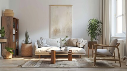 A welcoming living room with a comfortable sofa, wooden furniture, lush plants, and soft natural light filtering through a large window.