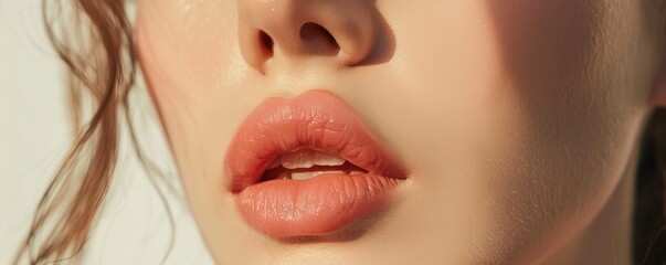 Poster - Perfect natural lip makeup, close-up with wavy hair background.