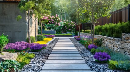 Poster - A walkway with a stone border and a variety of colorful flowers