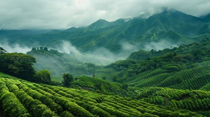 Poster - A lush green valley with a misty mountain in the background