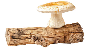 Poster - White champignon mushroom perched on a piece of snag, isolated on a clean white background, capturing its smooth surface and natural appearance