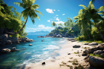 generated illustration of tropical beach with palm trees and turquoise water. amazing travel destination.