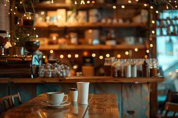 Wall Mural - A table with a coffee pot, a cup, and a vase with a plant.