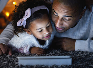 Poster - Dad, tablet and kid relax in home for learning, streaming or reading bedtime story on ebook together. Father, girl or child on technology on floor for education, game or family watch cartoon at night