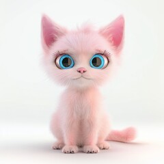 Wall Mural - A cute cartoon cat with blue eyes and pink fur is sitting on a white background