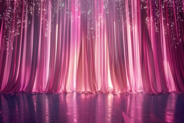 Poster - A stage set with a pink curtain and lights, ready for a performance