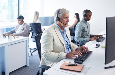 Poster - Mature businessman, computer and working in call center for client support, telecom and crm in office. Male agent, lead generation and typing by pc for customer service, telemarketing and contact us