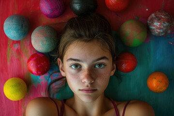 Poster - A person lying on a bed made up of colorful balls, possibly for decoration or as a statement piece