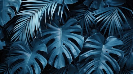 Wall Mural - Tropical and palm green leaves on a blue background. Minimalistic summer abstract pattern in the jungle or forest.