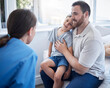 © Lumeez23/peopleimages.com - Doctor, home visit and boy for examination, dad support and pediatrician for child diagnosis. Nurse, kid and healthcare in bedroom for treatment or sick patient, father and physician taking for help