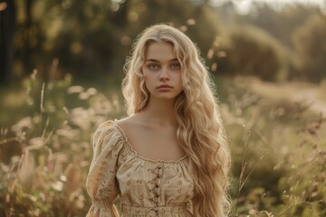 Poster - A woman stands amidst tall grass, offering a serene and natural scene