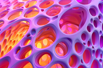 Striking of an organic mesh-like structure featuring vibrant pink, purple, and orange hues against a smooth gradient backdrop. Pores of the mesh vary in size and depth, creating a surreal landscape.