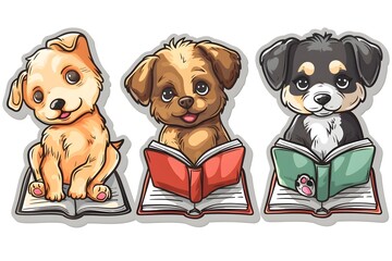 Wall Mural - Adorable Cartoon Puppy Dogs with Notebooks Stickers for Shirt Designs or Back to School Accessories