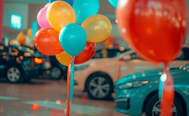 Car dealership showroom decorated with colorful balloons.