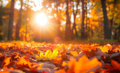 Wall Mural - Sunlit autumn leaves on the ground in a forest.