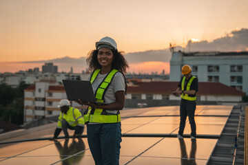 Service engineer checking solar cell on the roof for maintenance if there is a damaged part. Engineer worker install solar panel. Clean energy concept.