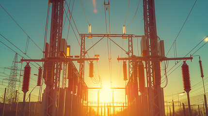 Electrical substation with transformers and power lines at sunrise.