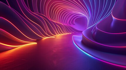 Wall Mural - Colorful 3D render depicting an abstract background with shapes glowing in the ultraviolet spectrum and curvy neon lines Represents a futuristic energy concept