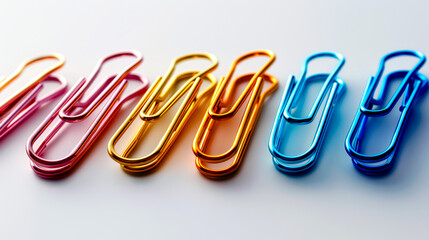 Several paper clips neatly arranged in a line on a white background.