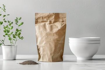 Aufkleber - A brown paper bag sitting next to a white bowl, often used for food or gift wrapping