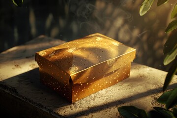 Poster - A wooden box sitting on a table, possibly containing objects or treasures