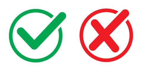 checkmark and x or confirm and deny line art, Green checkmark and red x sign. Correct error vector symbol isolated on white background.