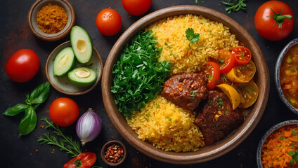 Wall Mural - Appetizing couscous with vegetables and meat, traditional dinner Algeria