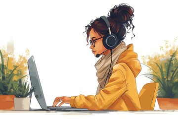 Poster - young woman working from home on laptop wearing headphones