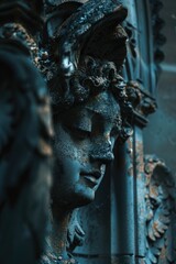 Aufkleber - A close-up view of a statue depicting a woman's face and hair, with intricate details