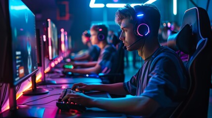 Poster - A man in a blue shirt is playing a video game with a headset on