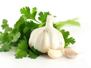 Wall Mural - Garlic Cilantro. Fresh Garlic Clove with Parsley Isolated on White Background