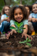 A young child with curly hair is happily planting a small green seedling in the soil with friends in the background the joy of gardening and environmental stewardship in a community setting