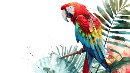 a colorful parrot perched on a tree branch, its vibrant feathers catching the light against the tran