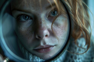 Aufkleber - Close-up of a woman examining something with a magnifying glass, useful for illustrations about science, investigation or curiosity