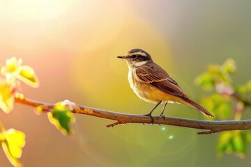 Poster - A small bird perches on a branch of a tree, surrounded by green leaves
