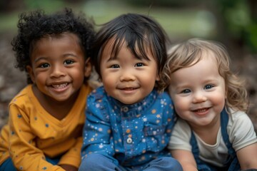 diverse group of smiling toddler kids sitting together in a park, showcasing multicultural inclusion and adorable childhood innocence.