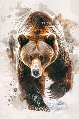 Poster - A grizzly bear walks through the snow-covered landscape, with snowflakes falling around it