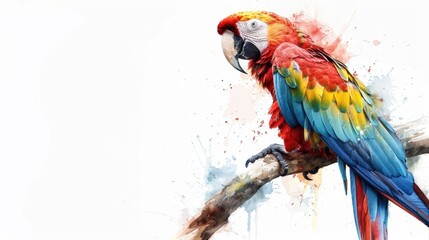 Poster - A vibrant parrot perches on a branch, its feathers glowing with color