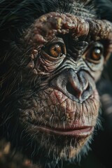Poster - A close-up image of a monkey's face with a blurred background, suitable for use in editorial or creative contexts where a focused representation of primate features is desired