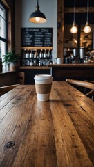 Poster - Blurry coffee shop ambiance behind an empty light wood tabl