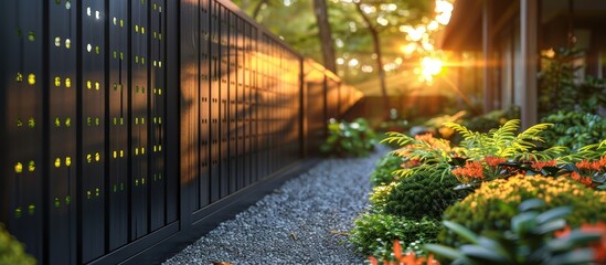 Poster - Modern Garden Path with Black Fence and Lush Greenery