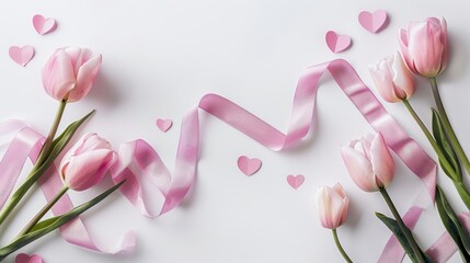 Poster - Pink Tulips with Ribbon and Hearts