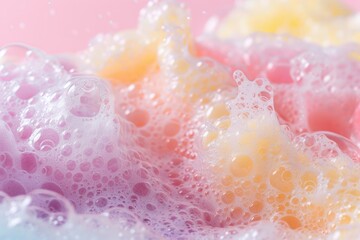 Poster - Close-up view of colorful soap bubbles on a pink surface