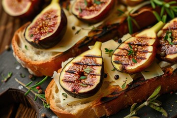 Poster - A close-up photo of a slice of bread topped with fresh figs, great for food or still life photography