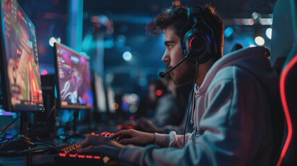 Poster - A man is playing a video game with a headset on