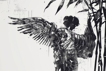 Poster - A monochromatic depiction of an angel in a simple yet elegant pose, suitable for use in various creative projects