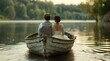 © olegganko - Bride and Groom Rowing in a Wooden Boat on a Lake Surrounded by Lush Green Trees